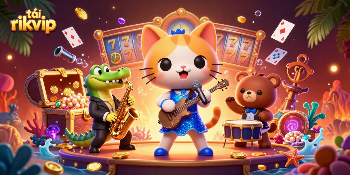 Win big with tải rikvip in this vibrant casino scene featuring a jazz-singer cat and friends.