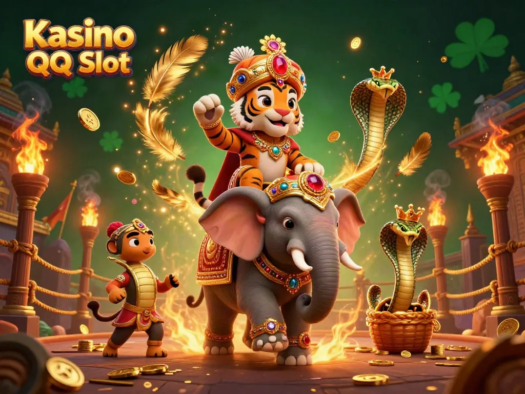 Engage in thrilling adventures at Kasino QQ Slot with an enchanting 3D scene featuring a maharaja tiger and vibrant elements.
