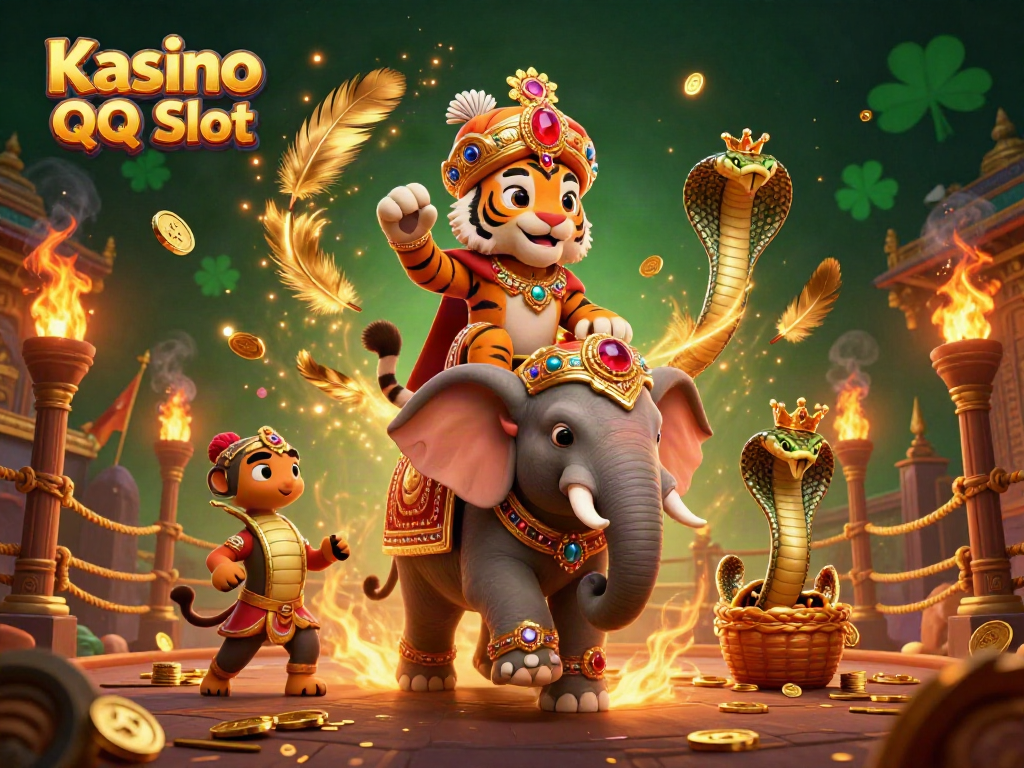 Engage in thrilling adventures at Kasino QQ Slot with an enchanting 3D scene featuring a maharaja tiger and vibrant elements.