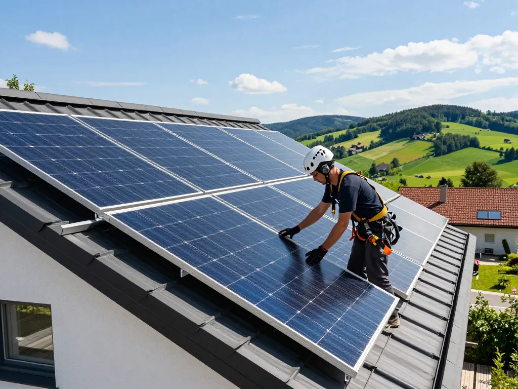 Photovoltaik Bayern Solartechniker installiert Paneele auf dem modernen Hausdach in Bayern.