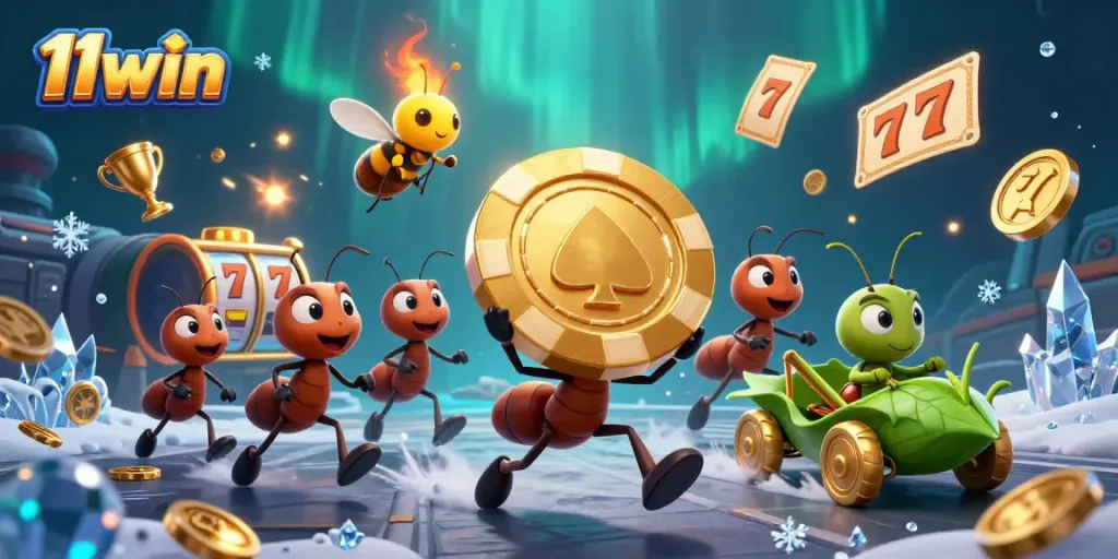 An animated scene featuring ants carrying a large poker chip, alluding to 11win's exciting gaming atmosphere.