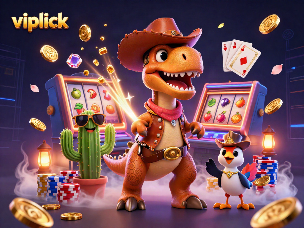 Spin the slots at vipluck with dynamic characters, colorful poker chips, and exciting casino elements.