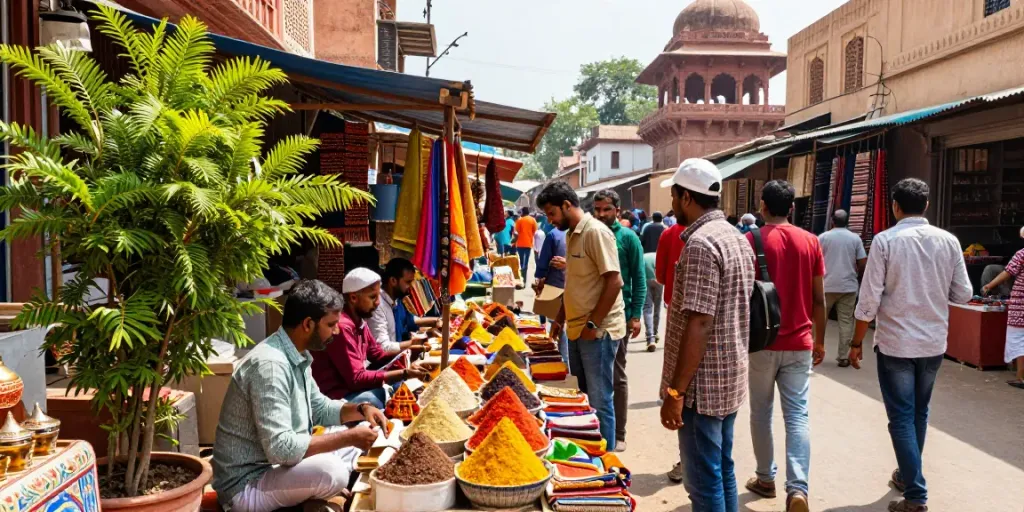 Experience the vibrant rokok88 super market scene in India showcasing colorful spices and textiles.