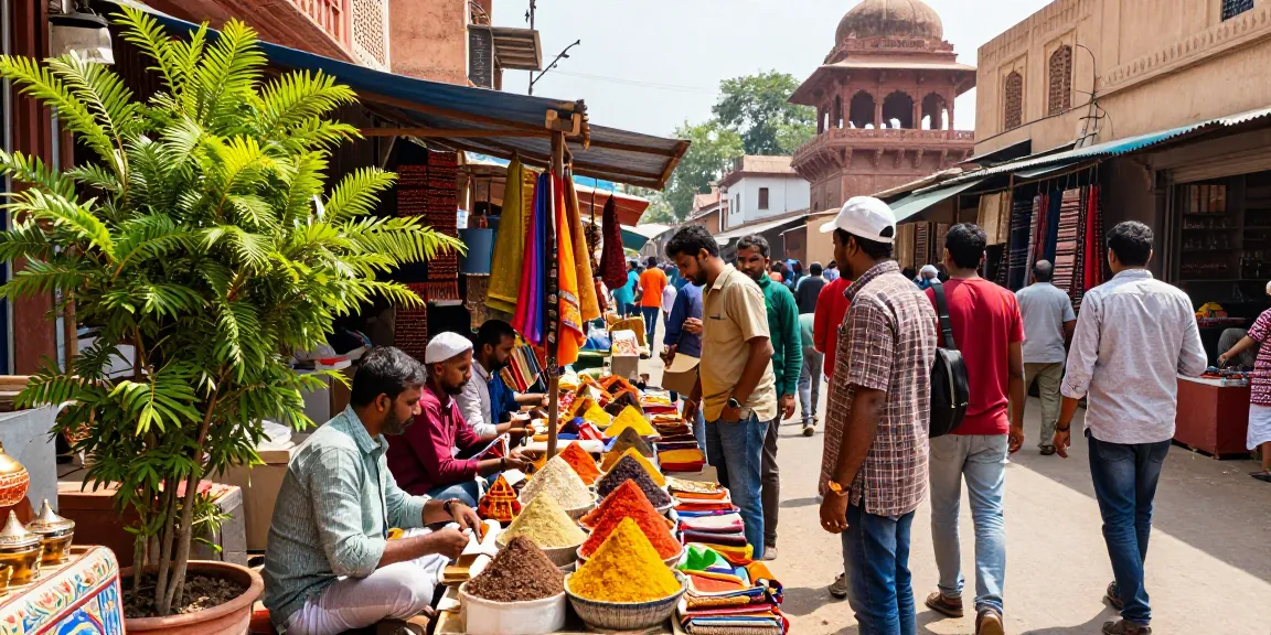 Experience the vibrant rokok88 super market scene in India showcasing colorful spices and textiles.