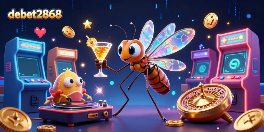 Engage with debet2868 in a vibrant casino scene featuring a playful mosquito mascot and dynamic gaming elements.