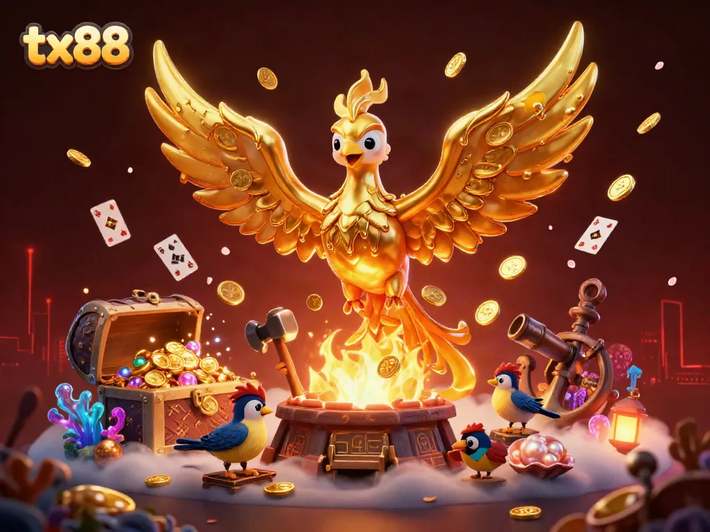 Experience the thrilling scene of tx88 as the phoenix emerges amidst treasures and casino elements.