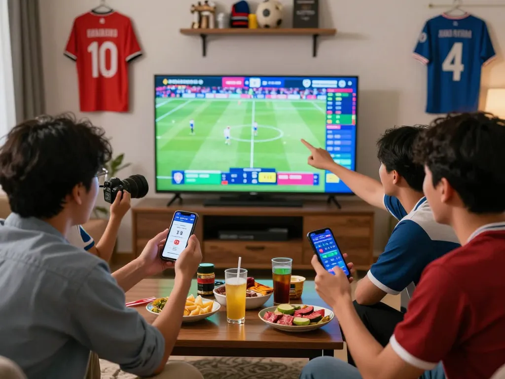 Friends engaging in Judi Bola excitement while watching a football match with lively atmosphere.