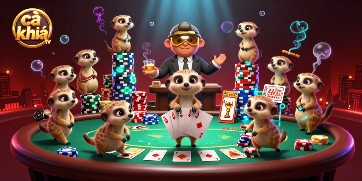 Cà khịa tv showcases meerkats managing a lively casino scene with poker elements and colorful chips.