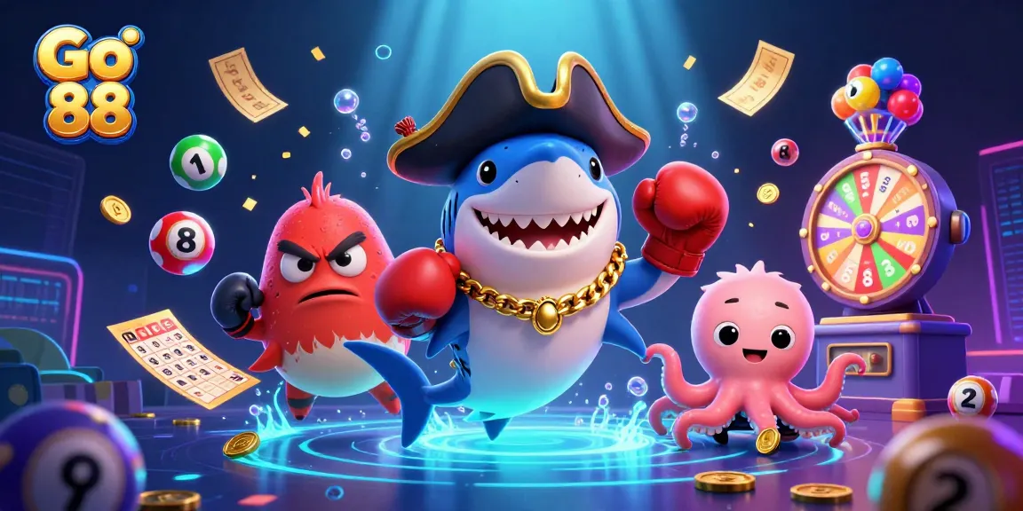 Engage with Go 88 amidst vibrant casino action, featuring colorful lottery elements and playful underwater characters.