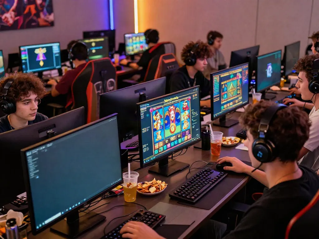 Online gaming session at Nohuwin, showcasing players engaged in thrilling gameplay on multiple screens
