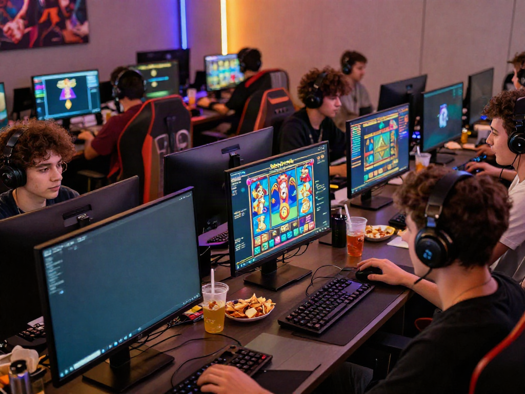 Online gaming session at Nohuwin, showcasing players engaged in thrilling gameplay on multiple screens