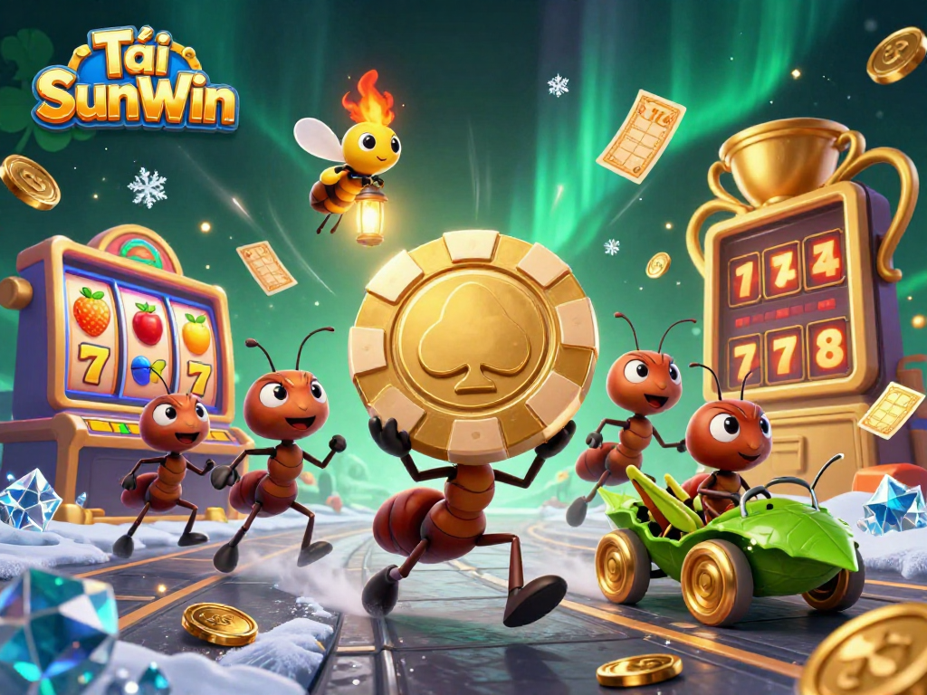 Tải SunWin features a dynamic scene with ants heisting a giant poker chip and vibrant slot elements.