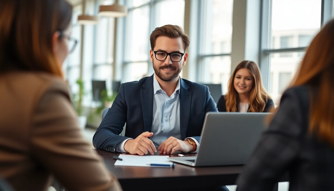 Headhunter IT im modernen Büro, engagiert in einem professionellen Gespräch mit einem Klienten.
