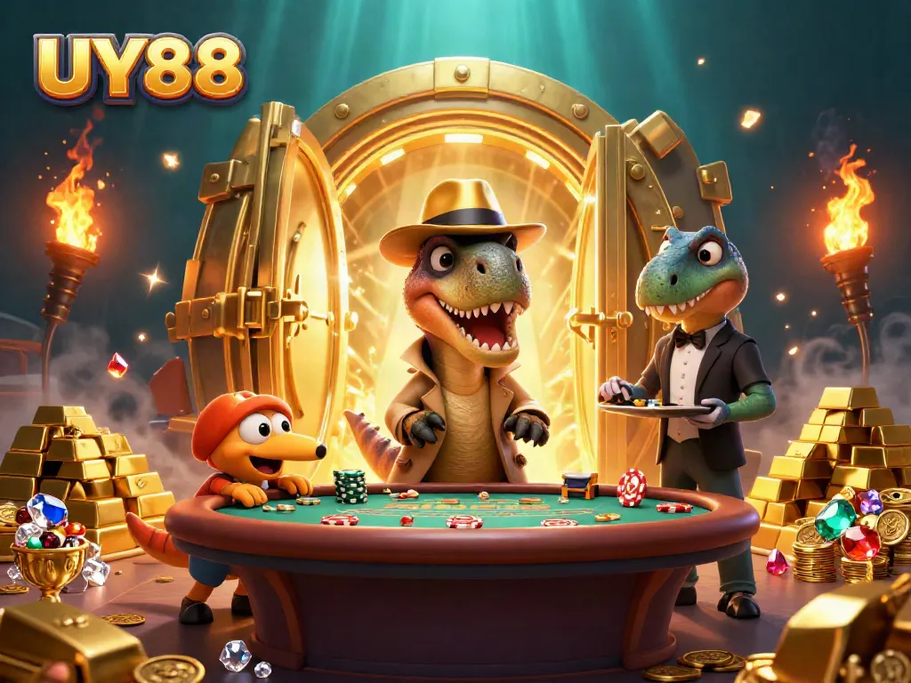 Join the excitement at UY88 with a velociraptor card counter and stegosaurus pit boss in this vibrant casino scene.