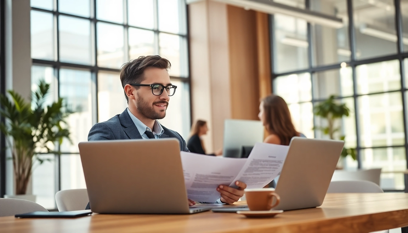 Headhunter IT in action while reviewing resumes in a bright office setting.