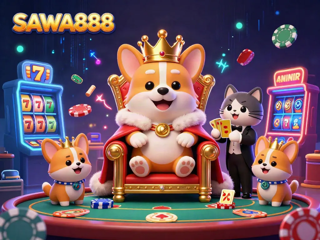 Experience the excitement of SAWA888 with a royal corgi and cat butler among vibrant casino elements.