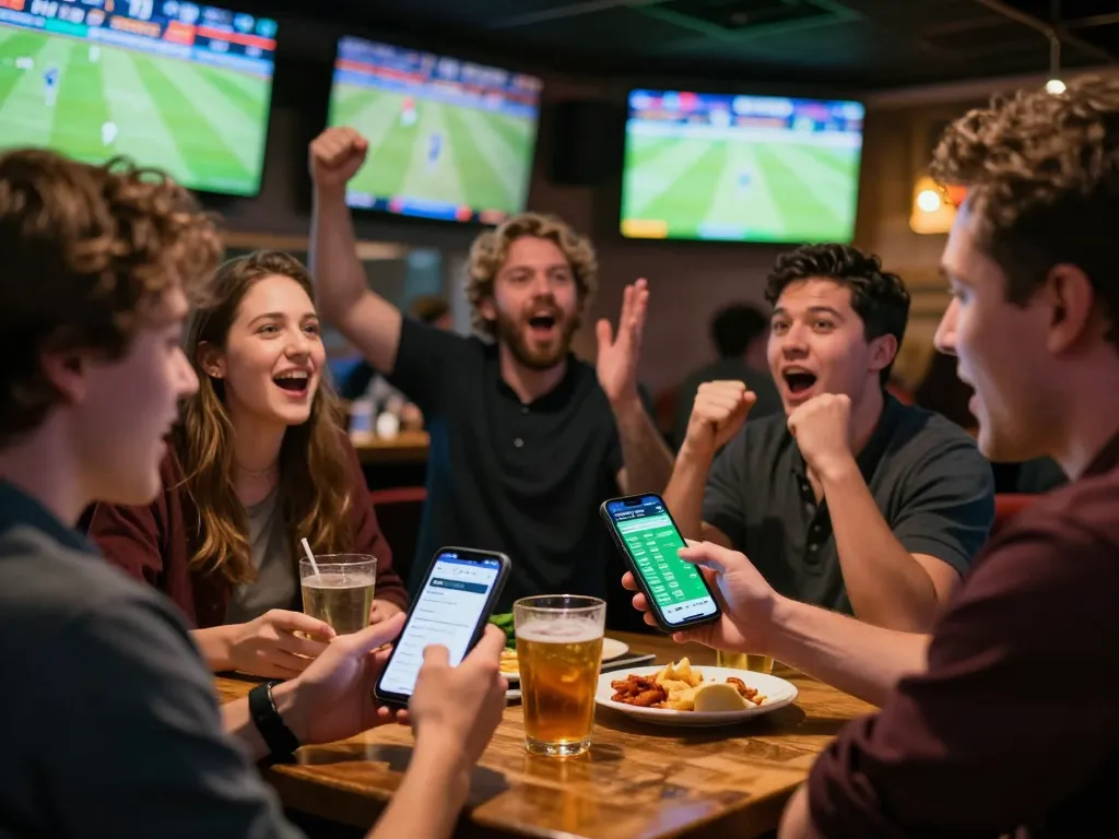 A sports betting fan engages with live odds on their smartphone while cheering with friends, enjoying the excitement of keo nha cai.