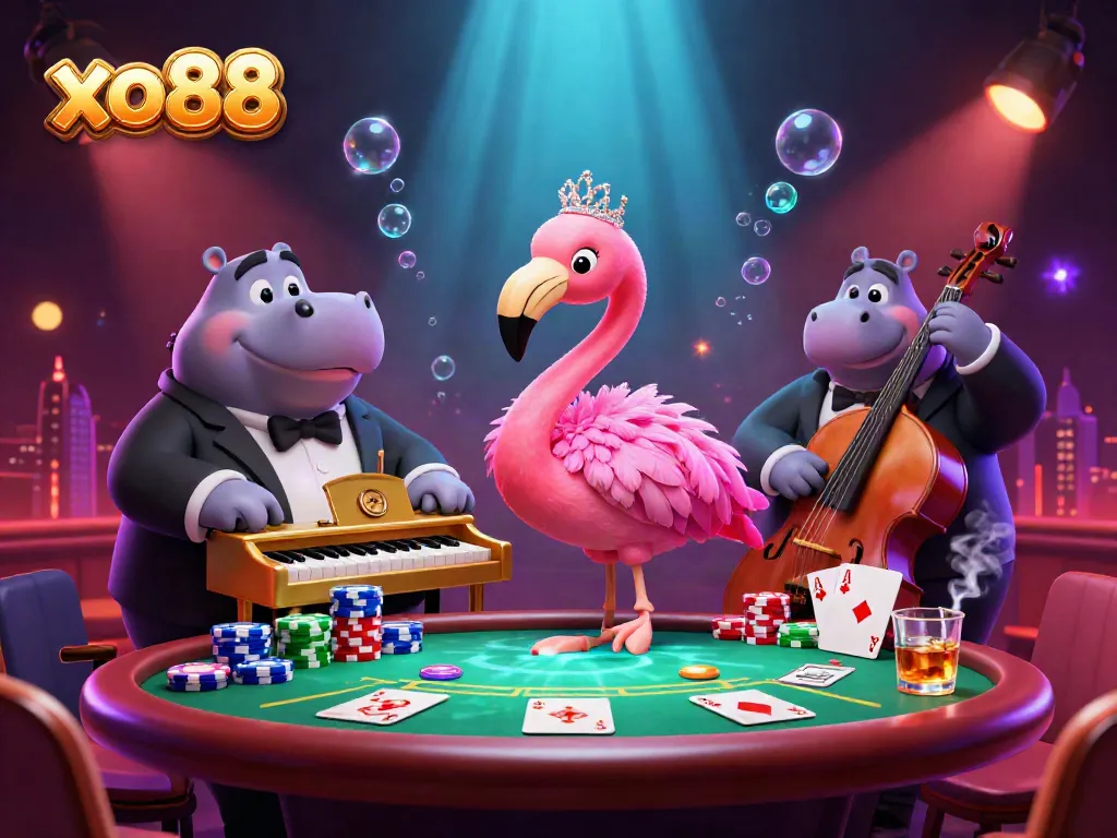 Experience vibrant gaming at xo88 with a lively flamingo singer and hippo bassist in a dynamic casino scene.