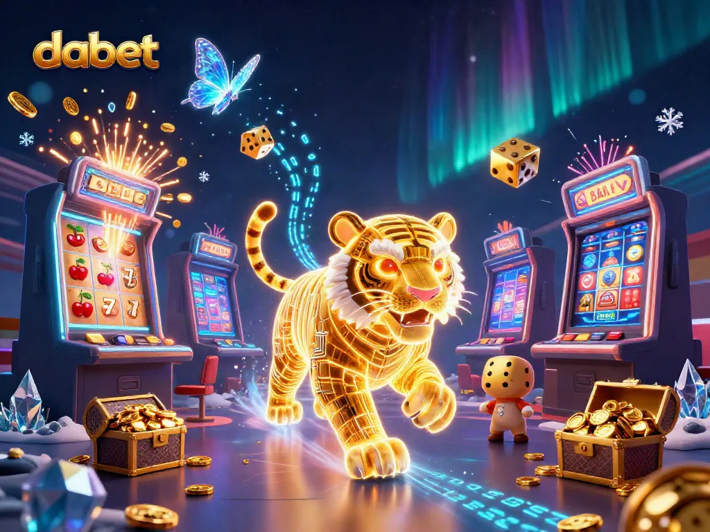 Dabet enhances gaming with a golden tiger and explosive slot machines in a vibrant casino scene.