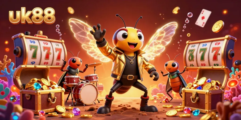 uk88 immerses players in a vibrant casino world featuring a rock star cicada and lively gaming elements.