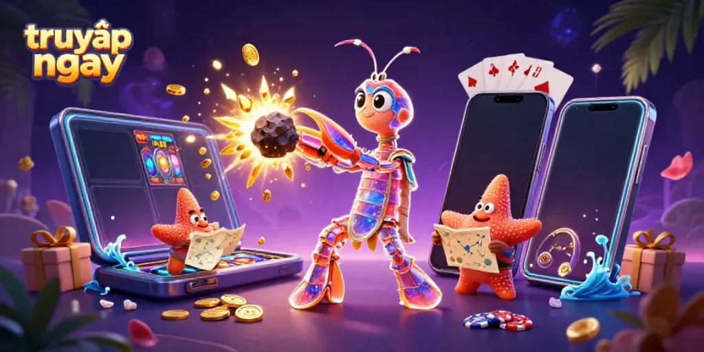 Experience thrilling 3D casino excitement with "truy cập ngay" showcasing vibrant games and characters.