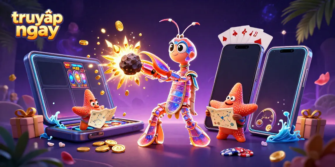 Experience thrilling 3D casino excitement with "truy cập ngay" showcasing vibrant games and characters.