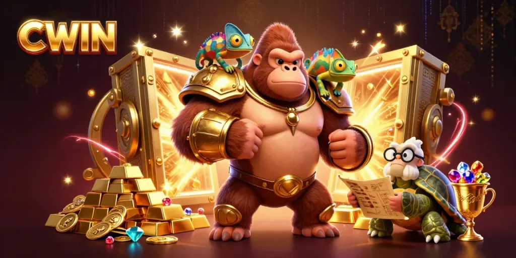 CWIN showcases a lively casino scene with a powerful gorilla and a chameleon, surrounded by treasure and gaming elements.