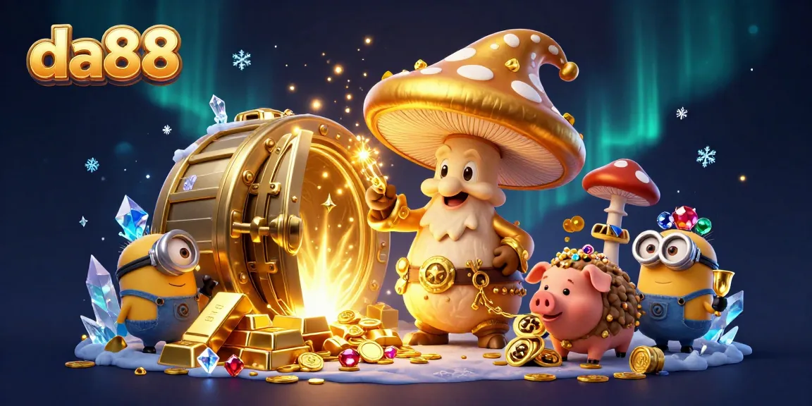 Experience winning magic at da88 with a golden wizard and treasure in a vibrant casino illustration.