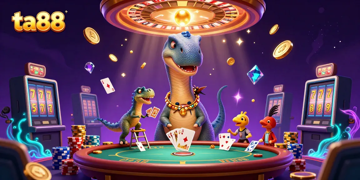 Experience thrilling gaming at ta88 with brontosaurus and clever raptor in a vibrant casino scene