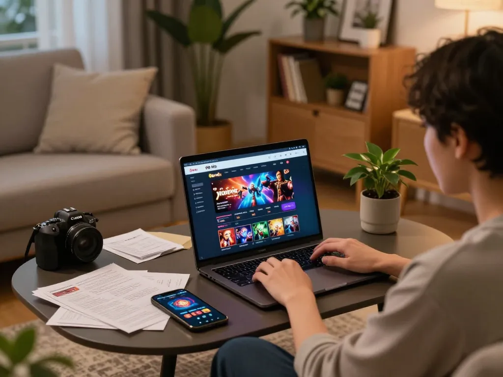 Playing casino games on the trang chủ 98win platform using a laptop in a cozy living room setup.