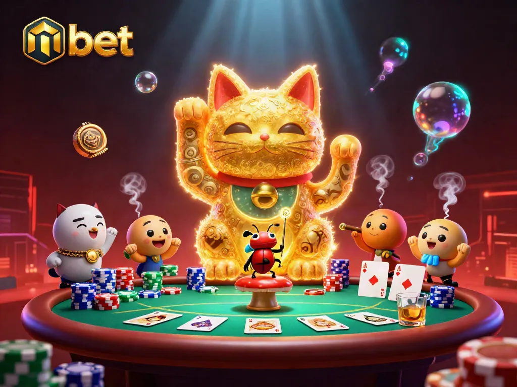Experience the excitement of nbet with a dazzling scene of a lucky cat, poker elements, and vibrant colors.