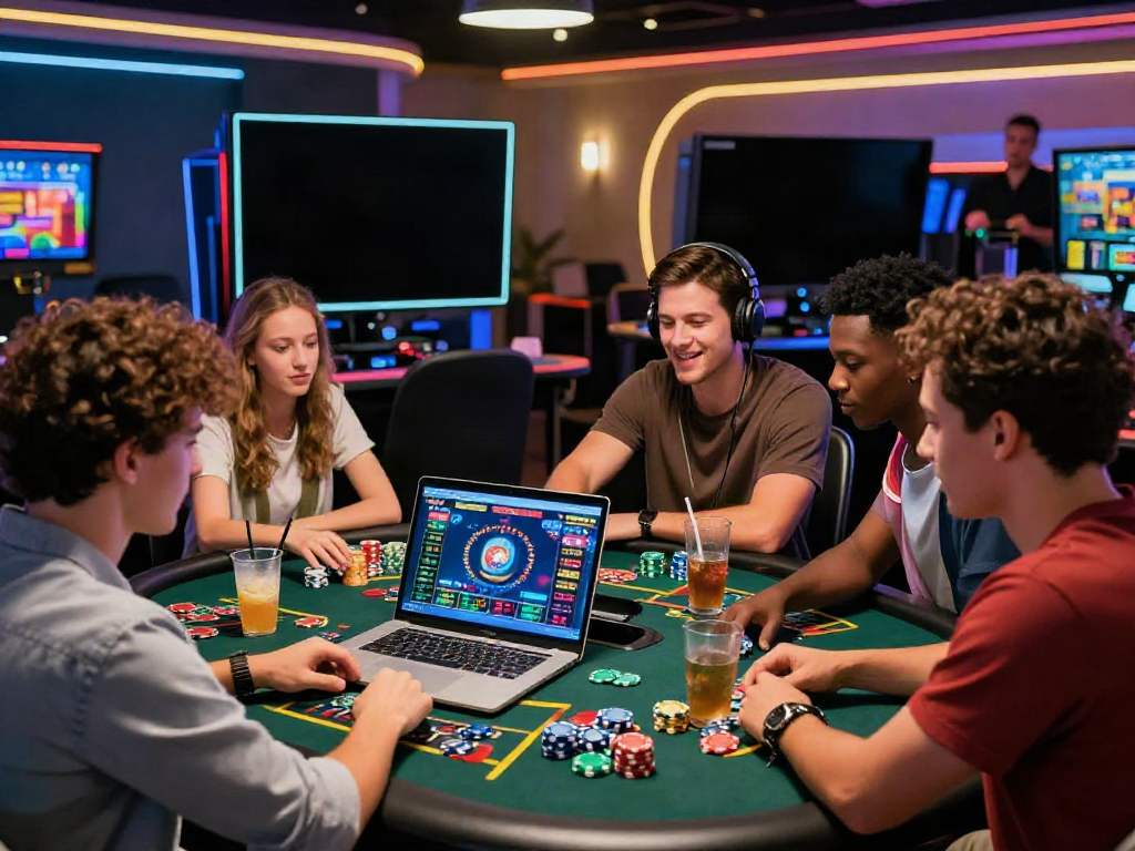 Exciting live casino gaming experience at https://ta88.network/ with friends engaging on a laptop.