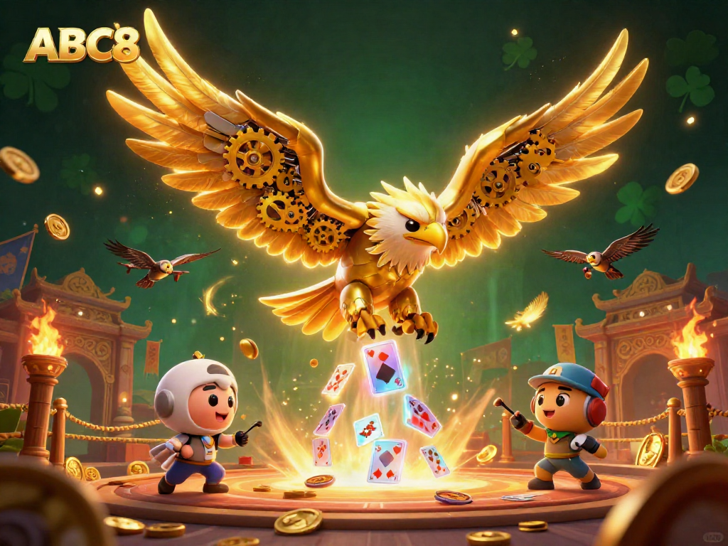 Experience thrilling gameplay at ABC8 with vibrant 3D imagery featuring golden eagle and holographic cards.