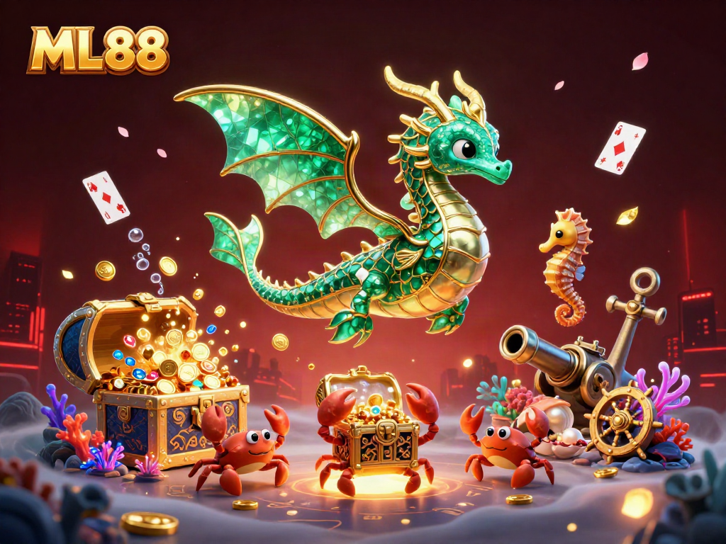 Experience the vibrant world of ML88 with a majestic sea dragon, treasure chest, and colorful underwater elements.