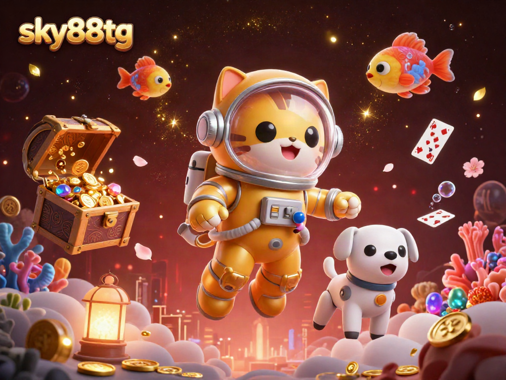 Engage in thrilling gameplay with sky88tg, as vibrant alien fish and a heroic cat take center stage.