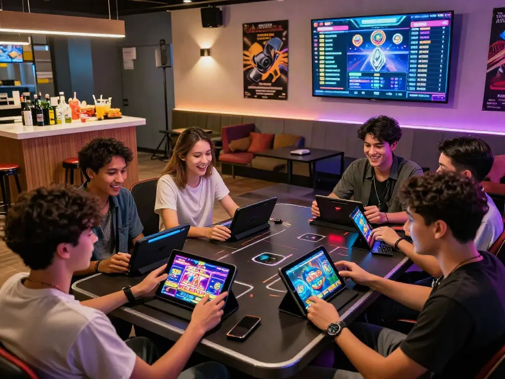 Friends enjoying slot88 games at a modern gaming table, surrounded by vibrant lights and screens.