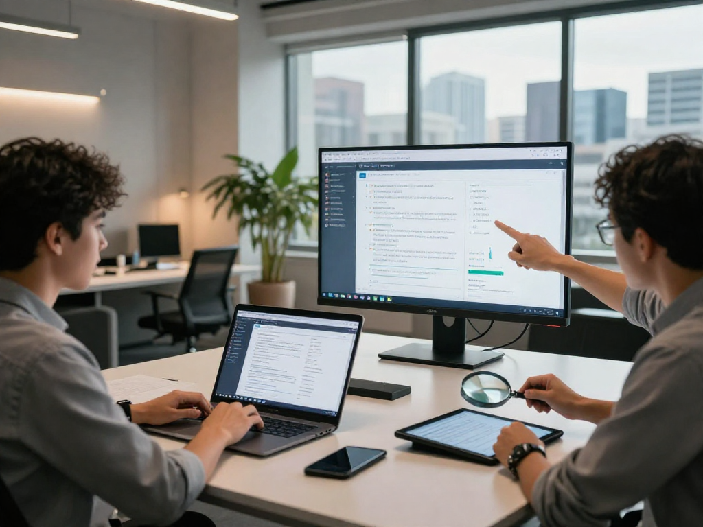 Innovative document fraud detection process with analysts reviewing digital verification results in a modern workspace.