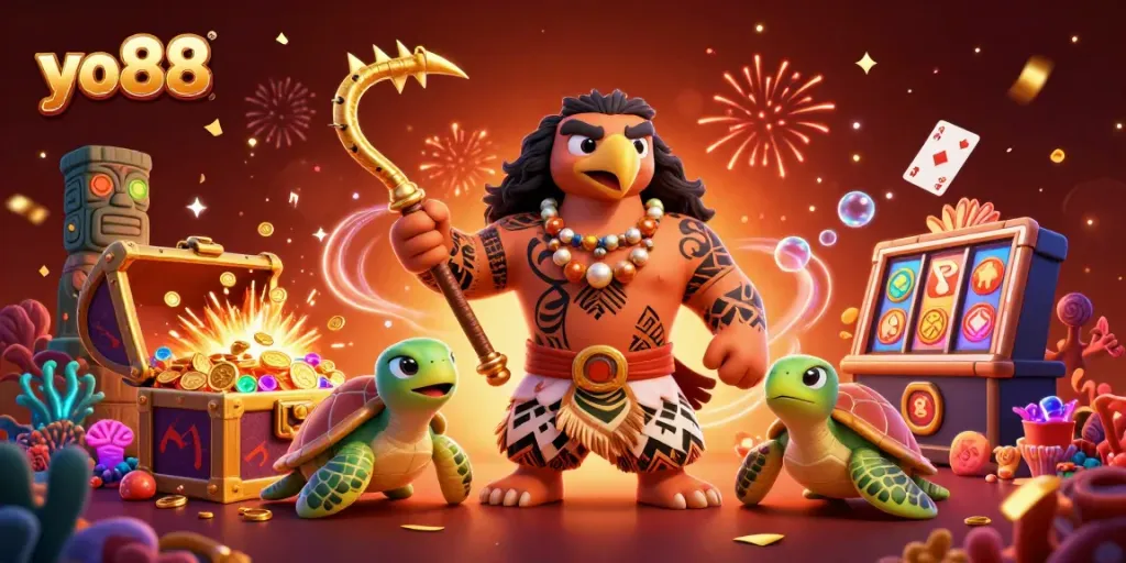 Experience excitement with yo88 as the Maui-style demigod thrives among vibrant casino elements.