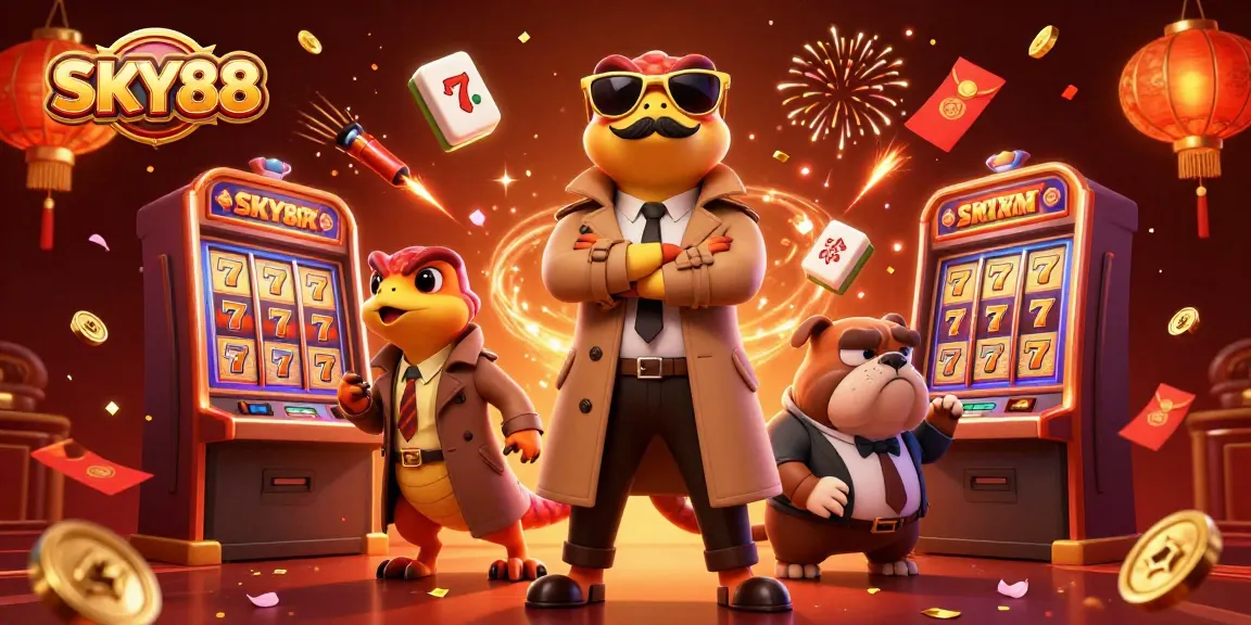 SKY88 blends fun and excitement with 3D cartoon raptors entering a VIP casino scene featuring slot machines.