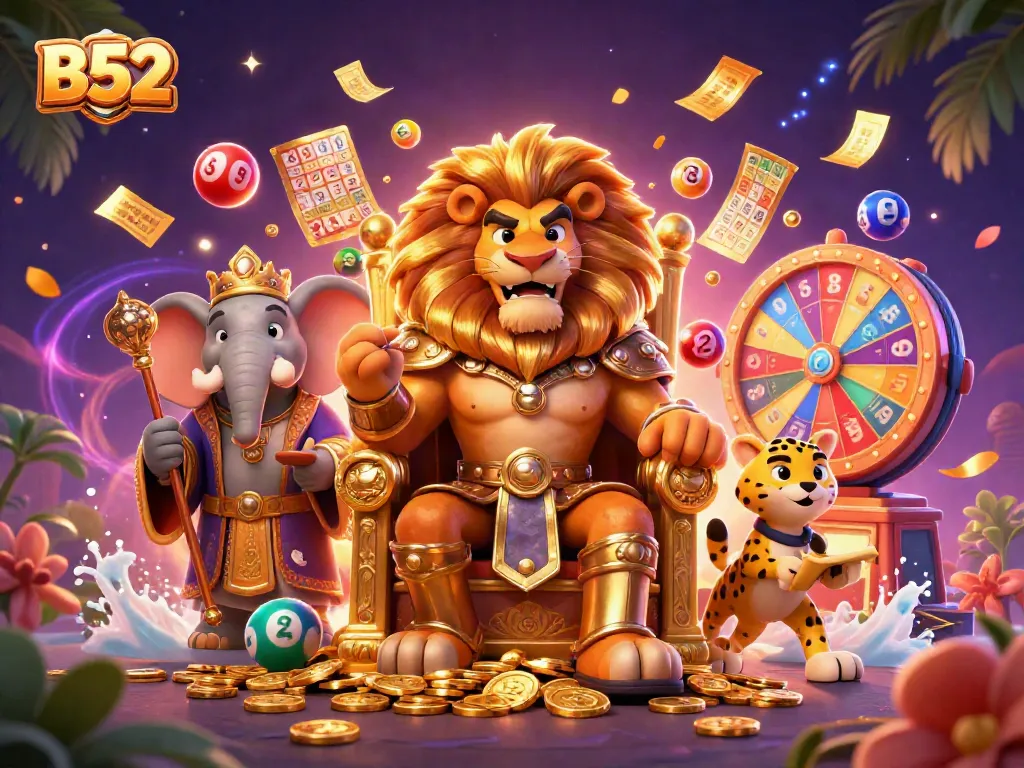 Experience thrilling B52 gaming action with vibrant lottery balls and dynamic casino elements.